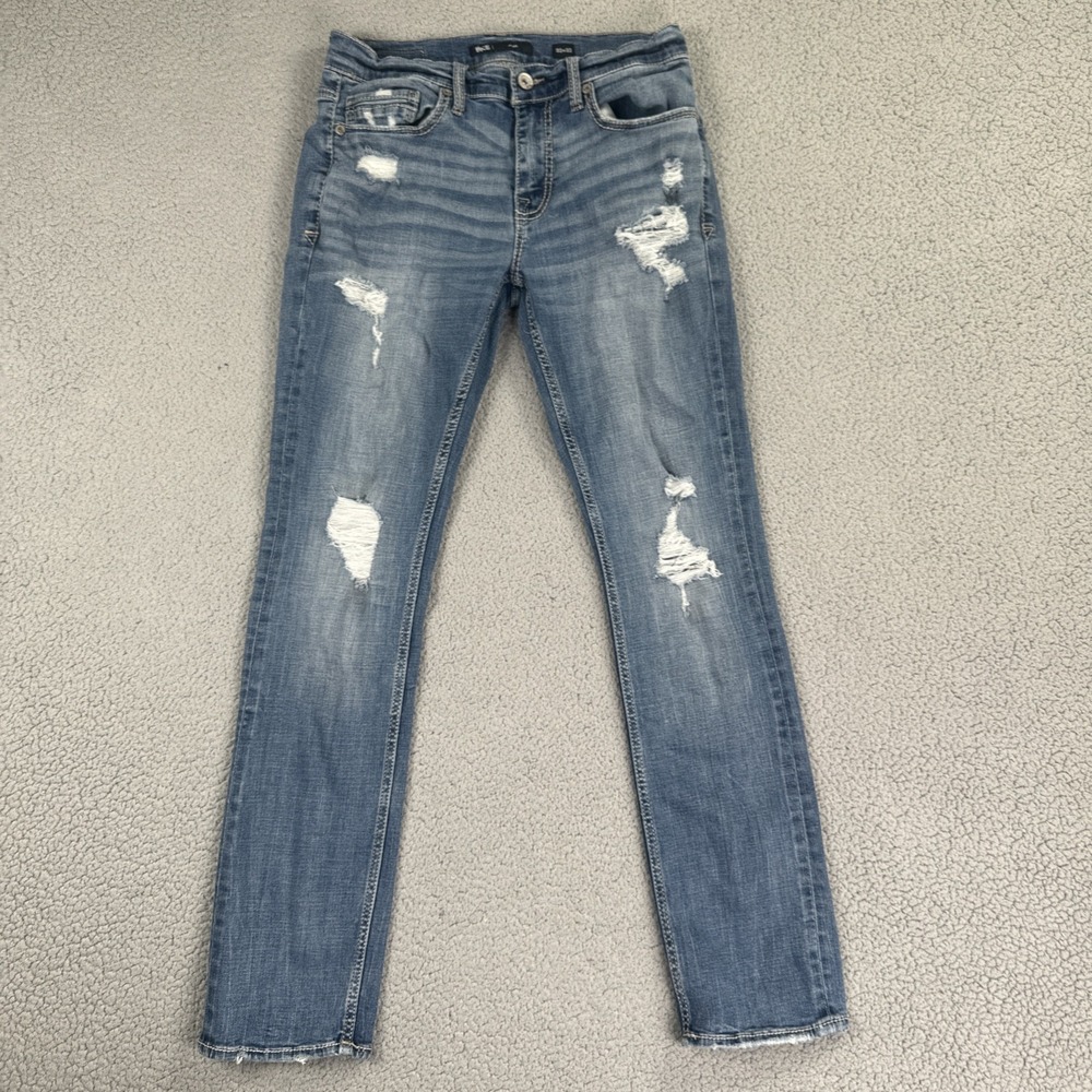 BKE Buckle Alec Slim Straight Jeans Men 32x32 Blue Stretch Whiskered Distressed‎
